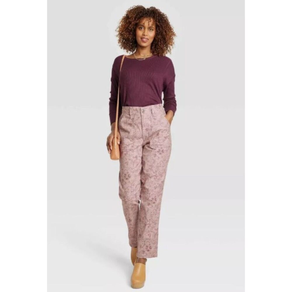 NWT Know Rose High Rise Elastic Waistband Relaxed Fit Straight Leg Floral Size M